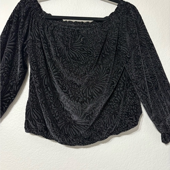 Anama Black Velvet Burnout Floral, Off Shoulder. Elastic Waist and Cuffs, Lined - Picture 2 of 13
